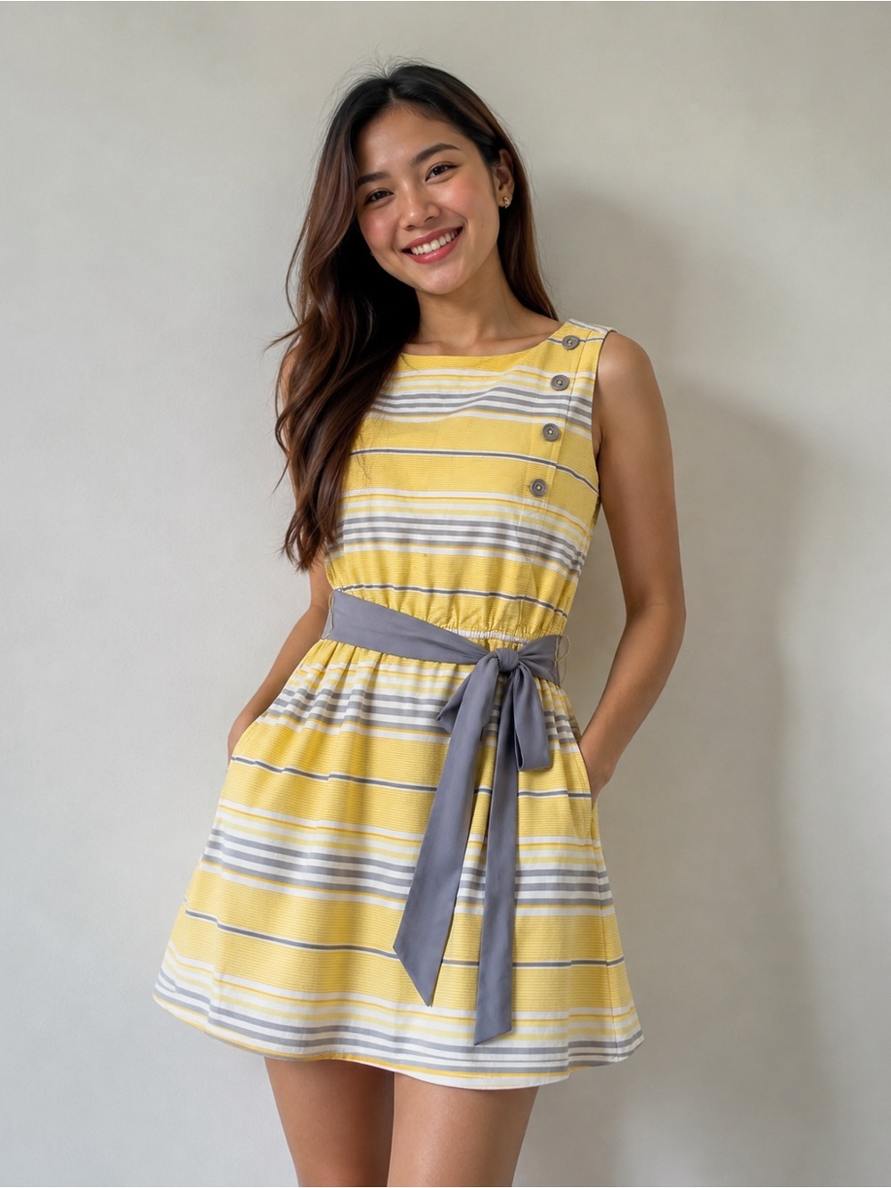 Brooklyn Industries Women's Yellow & Gray Striped Tie-waist Size 10 Cotton